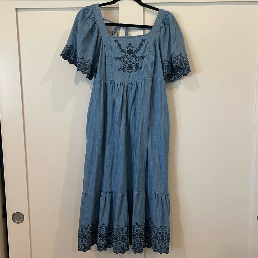 Fit & Flare Flutter-Sleeve Tie-Back Chambray Midi Dress Size Petite Medium